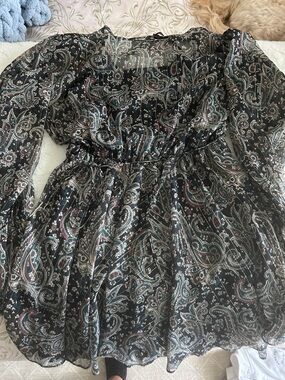 Joie Black Paisley Mini Dress with Teal and Brown Accents